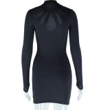 Women Stand Collar Hollow Long Sleeve Solid Bodycon dress