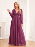 Elegant Women's Long-Sleeved V-Neck Pleated Elastic Waist Shiny Bright Evening Dress