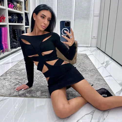 Spring Women's Fashionable And Sexy Hollow Solid Color High Waist Bodycon Slim Short Dress