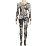 Women sexy mesh See-Through printed Top and high-waisted Casual trousers two-piece set