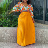 Women's Fashionable V Neck Printed Top Pleated Long Skirt African Two Piece Set