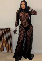 Sexy Women's Sexy See-Through Lace Low Back Lace-Up Jumpsuit
