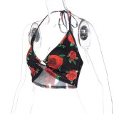 Spring And Summer Halter Neck Strap Slim Rose Print Vest