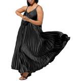 African Women's Summer Style Loose V-Neck Strap Pleated  Holidays Long Dress
