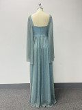 Spring Summer Style Shiny Shawl Sleeve Low Back V-Neck Pleated Evening Dress