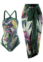 Flower And Bird Print Bodycon Mesh Long Skirt One-Piece Swimsuit Two Piece Set For Women