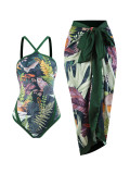 Flower And Bird Print Bodycon Mesh Long Skirt One-Piece Swimsuit Two Piece Set For Women