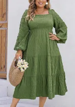 Plus Size Solid Color Loose Square Neck Slim Fit Long Sleeve Dress For Women