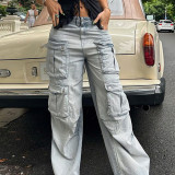 Women American Fashion Retro Cargo Denim Straight Pants