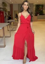 Women Suspender V-neck Tie-up Ruffled Slit Maxi Dress