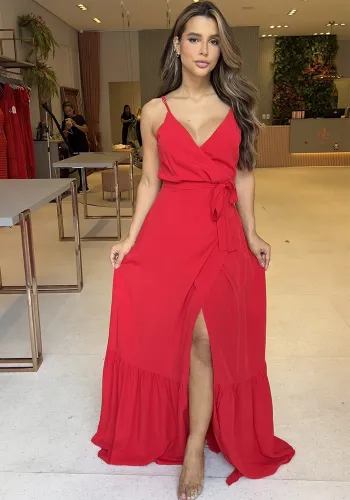 Women Suspender V-neck Tie-up Ruffled Slit Maxi Dress