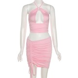 Women Summer Sexy Hollow Crop Top and Bodycon Pleated Skirt Two-piece Set