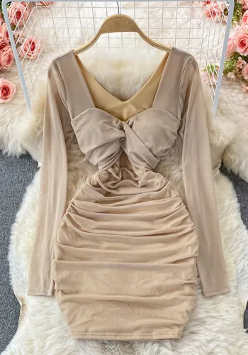 Autumn Sexy Pleated Slim Waist Slim Fit Square Neck Stretch Mesh Bodycon Dress