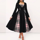 Women's Contrast Plaid Patchwork Double-Breasted Long Sleeve Slim Fit Dress