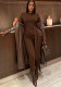 Women Solid Color One-Piece Lace-Up Round Neck Long Sleeve Tight Fitting Fitness Jumpsuit