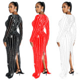 Fashion Women's Solid Color Beaded Long Sleeve Slit Maxi Dress