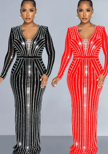 Fashion Women's Solid Color Beaded Long Sleeve Slit Maxi Dress