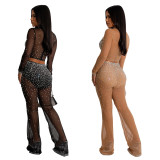 Fashionable Women's Solid Color Beaded Mesh Long-Sleeved Two-Piece Trousers Set