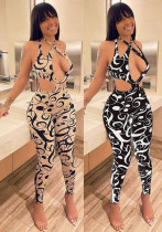 Women's Spring Casual Print Hollow Halter Backless Jumpsuit