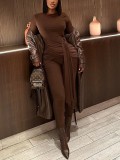 Women Solid Color One-Piece Lace-Up Round Neck Long Sleeve Tight Fitting Fitness Jumpsuit