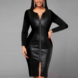 Women's Chic Zipper Pu Leather V-Neck Zipper Long Sleeve Bodycon Dress