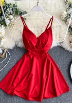 Spring Feminine V-Neck Low Back Slim Waist High Waist Slim Fit Solid Color Straps Basic A-Line Dress