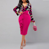 Chic Fashionable Printed V-Neck Long-Sleeved High-Waisted Slim-Fitting Fishtail Dress