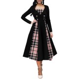 Women's Contrast Plaid Patchwork Double-Breasted Long Sleeve Slim Fit Dress