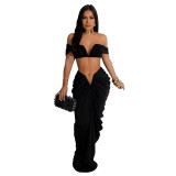 Fashion Women's Solid Color Sexy Off Shoulder Crop Top Pleated Skirt Two Piece Set
