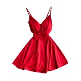 Spring Feminine V-Neck Low Back Slim Waist High Waist Slim Fit Solid Color Straps Basic A-Line Dress