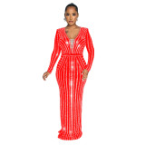 Fashion Women's Solid Color Beaded Long Sleeve Slit Maxi Dress