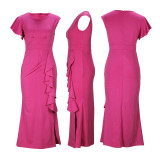 Elegant Fashionable Solid Color Round Neck Ruffled High Waist Slit Women's Dress