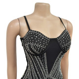 Fashion Women's Solid Color Sexy Beaded Mesh Strap Dress