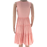 Summer Solid Round Neck Sleeveless Casual Women's Fashion Pleated Casual Dress