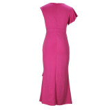 Elegant Fashionable Solid Color Round Neck Ruffled High Waist Slit Women's Dress