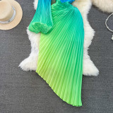 Pleated Lantern Long Sleeve Slash Shoulder Slim Waist Gradient Irregular A-Line Dress