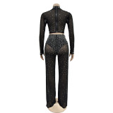 Fashionable Women's Solid Color Beaded Mesh Long-Sleeved Two-Piece Trousers Set
