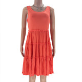 Summer Solid Round Neck Sleeveless Casual Women's Fashion Pleated Casual Dress