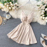 Spring Feminine V-Neck Low Back Slim Waist High Waist Slim Fit Solid Color Straps Basic A-Line Dress