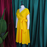 Summer V-Neck Solid Color Slim Waist Bow Lace-Up A-Line Dress