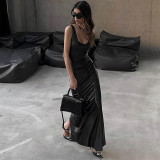 Women's Spring Fashion U-Neck Slim Slit Solid Color Strap Dress