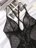 Women Sexy Embroidered Mesh Cross Shoulder Straps See-Through Lace Jumpsuit for Women