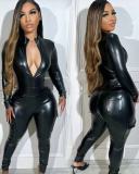Women Solid Stretch PU-Leather Zipper Top and Pant Two-piece Set