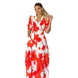 Women V-Neck Casual Puff Sleeve Printed Dress
