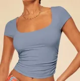Women Solid Short Sleeve Summer Square Neck Casual T-Shirt