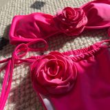 Solid Rose Strapless Drawstring Lace-Up Two Pieces Bikini Swimsuit