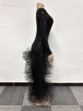Women sexy sequined one-shoulder mesh irregular dress