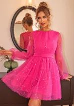 Women Star Print Lantern Sleeve Mesh Layered Dress