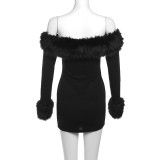 Women Solid Backless Furry Long Sleeve Bodycon Dress