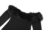 Women Solid Backless Furry Long Sleeve Bodycon Dress